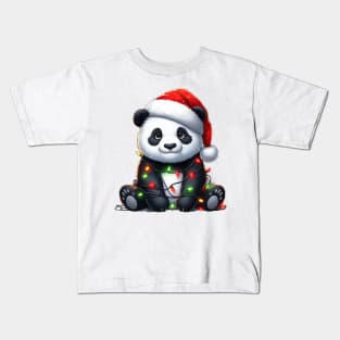 Panda Bear Wrapped In Christmas Lights Kids T-Shirt